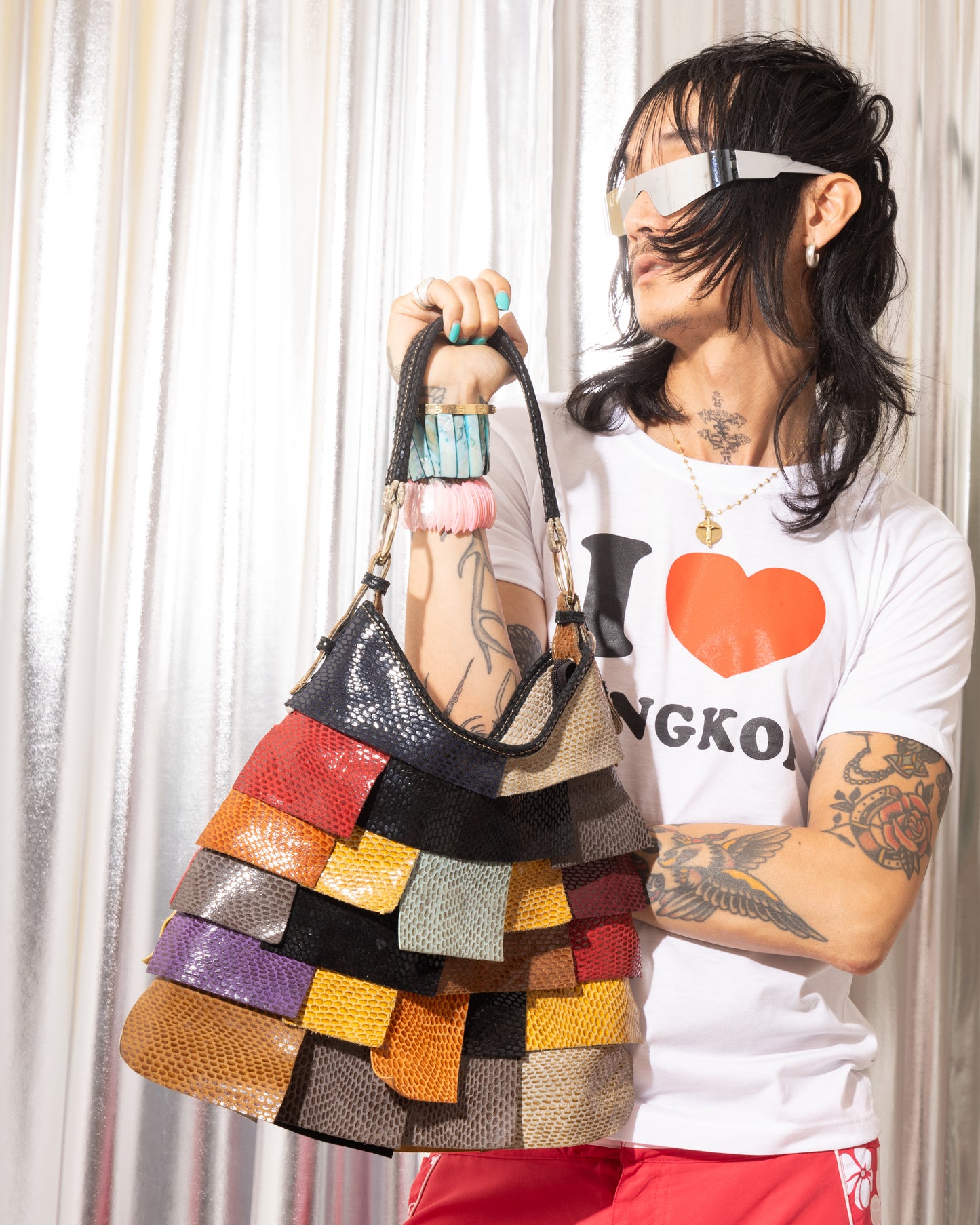 GENUINE LEATHER PATCHWORK CRESCENT BAG