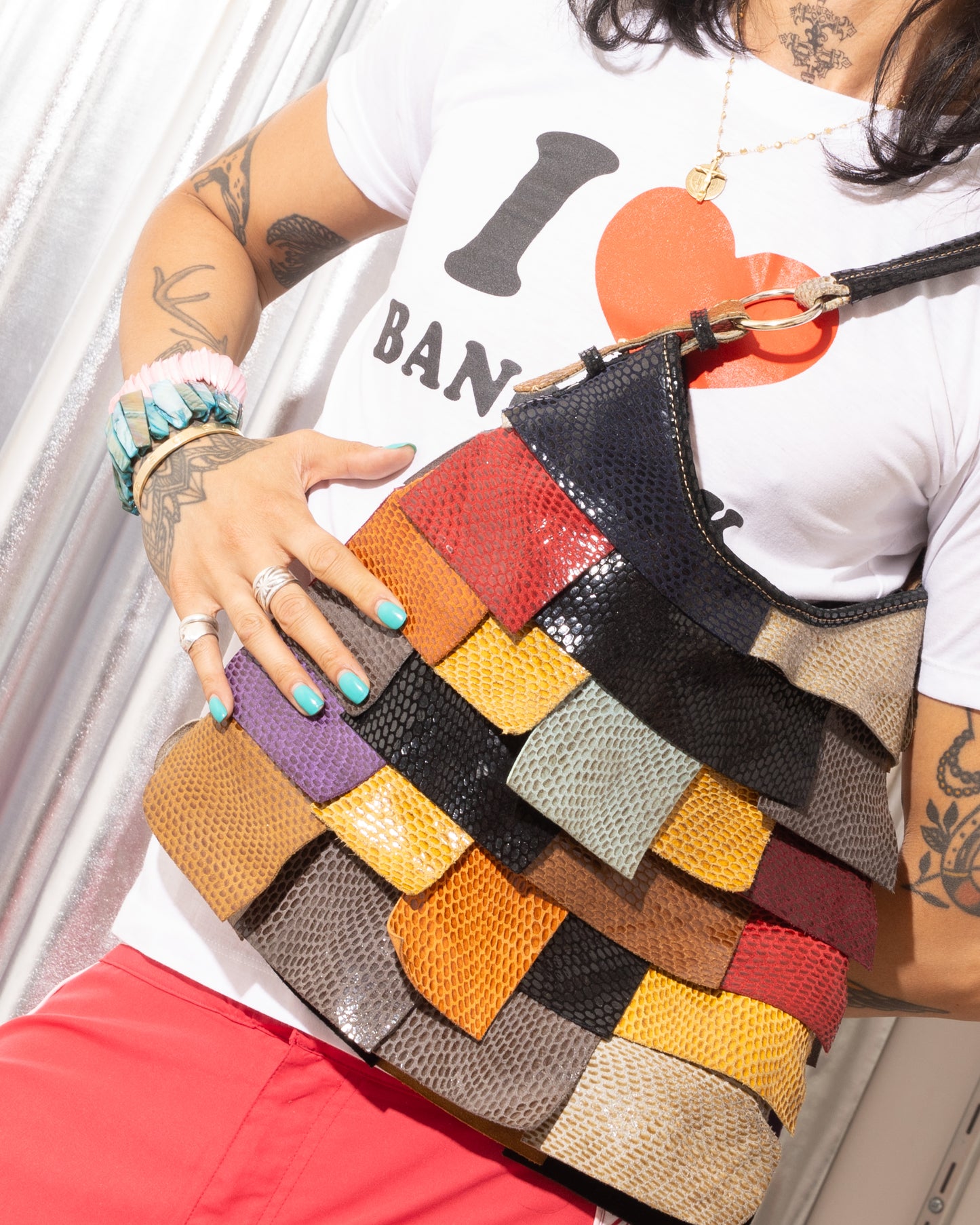 GENUINE LEATHER PATCHWORK CRESCENT BAG
