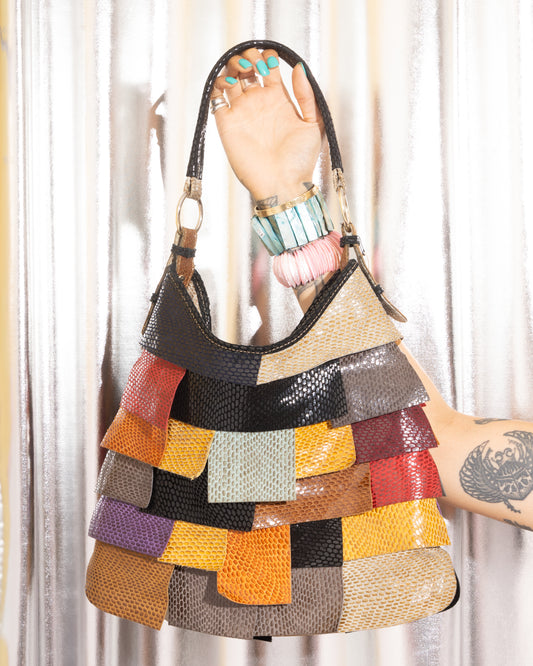 GENUINE LEATHER PATCHWORK CRESCENT BAG