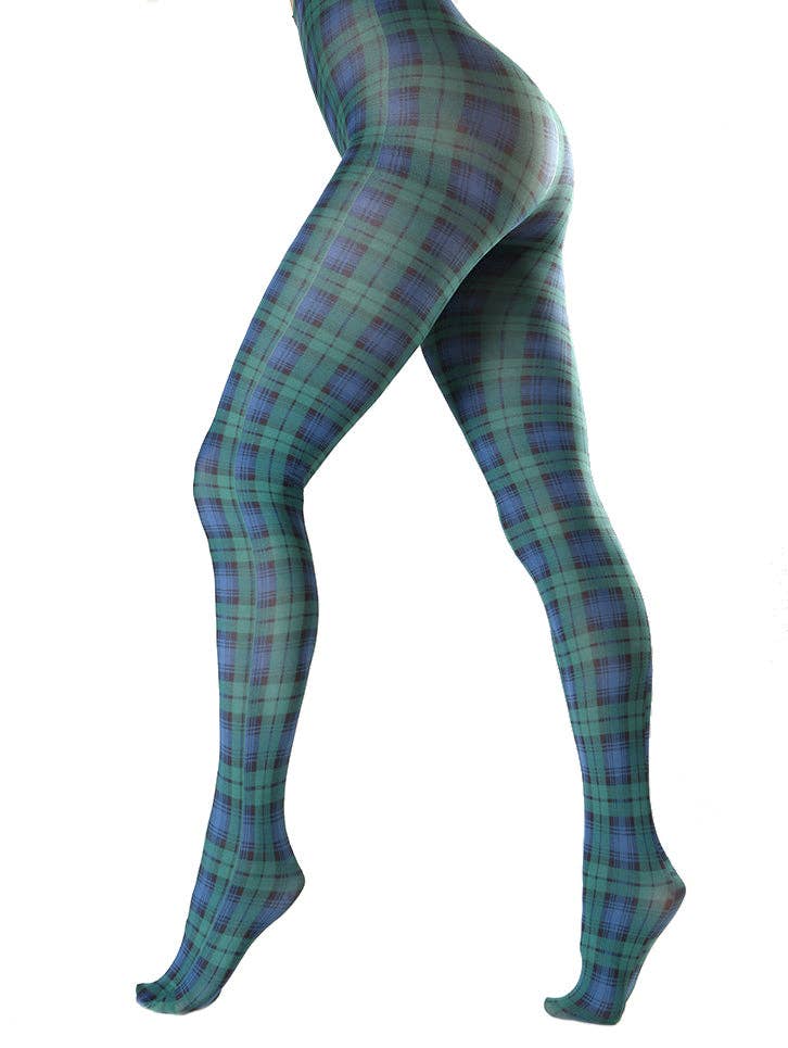 GREEN TARTAN PRINTED TIGHTS : BLUE / GREEN (SM-MED)