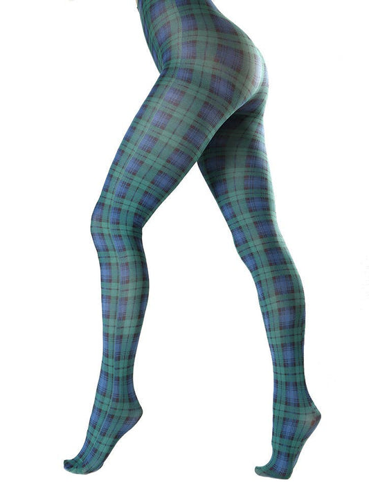 GREEN TARTAN PRINTED TIGHTS : BLUE / GREEN (SM-MED)