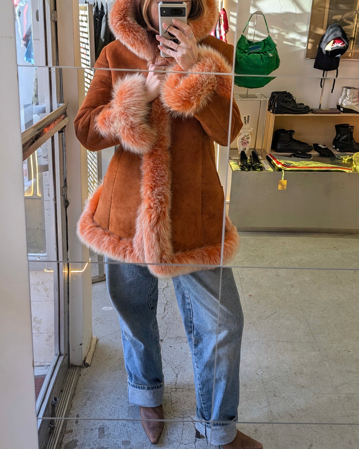 FUR TRIMMED SHEARLING JACKET - PHEONIX - (XS-S PETITE)